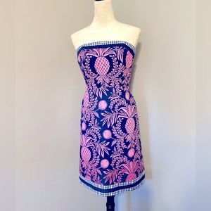Lilly Pulitzer Pineapple Hawaiian strapless Bowen dress Gingham trim Pink Blue